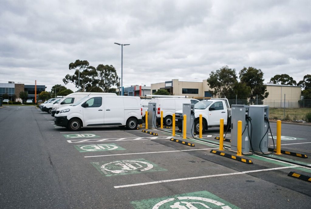 White fleet vans parked at EV charging bays in a business carpark